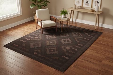 handmade Modern Kilim Black Blue Hand-Woven RECTANGLE 100% WOOL area rug 5 x 7