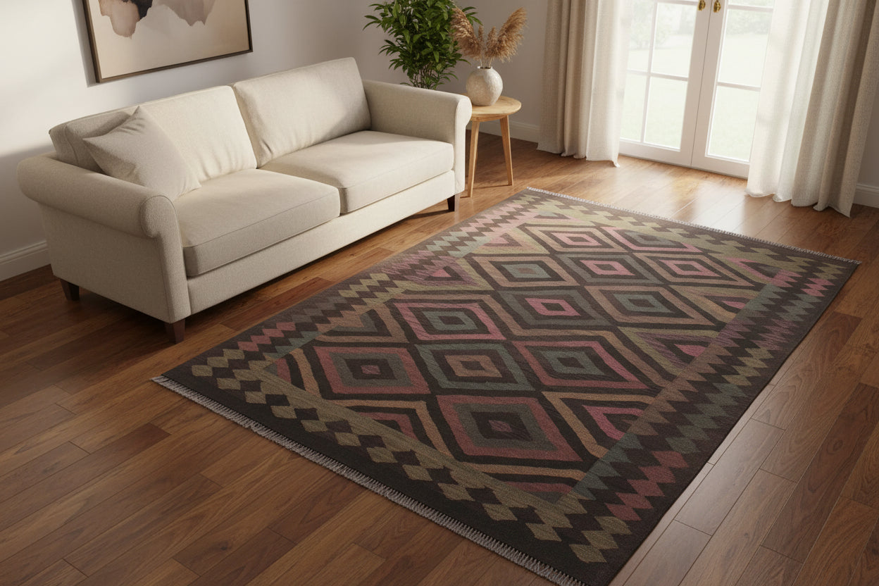 handmade Modern Kilim Black Blue Hand-Woven RECTANGLE 100% WOOL area rug 5 x 8