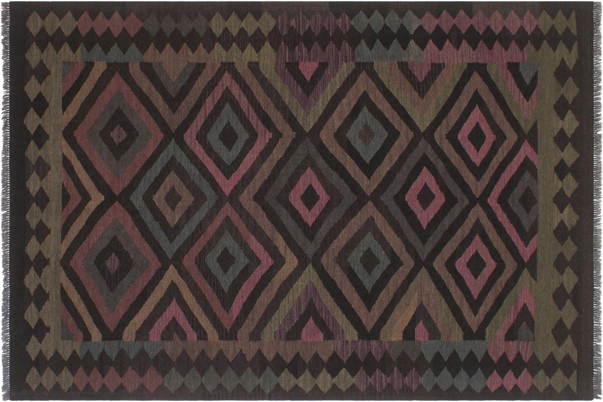 handmade Modern Kilim Black Blue Hand-Woven RECTANGLE 100% WOOL area rug 5 x 8