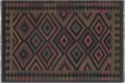 handmade Modern Kilim Black Blue Hand-Woven RECTANGLE 100% WOOL area rug 5 x 8