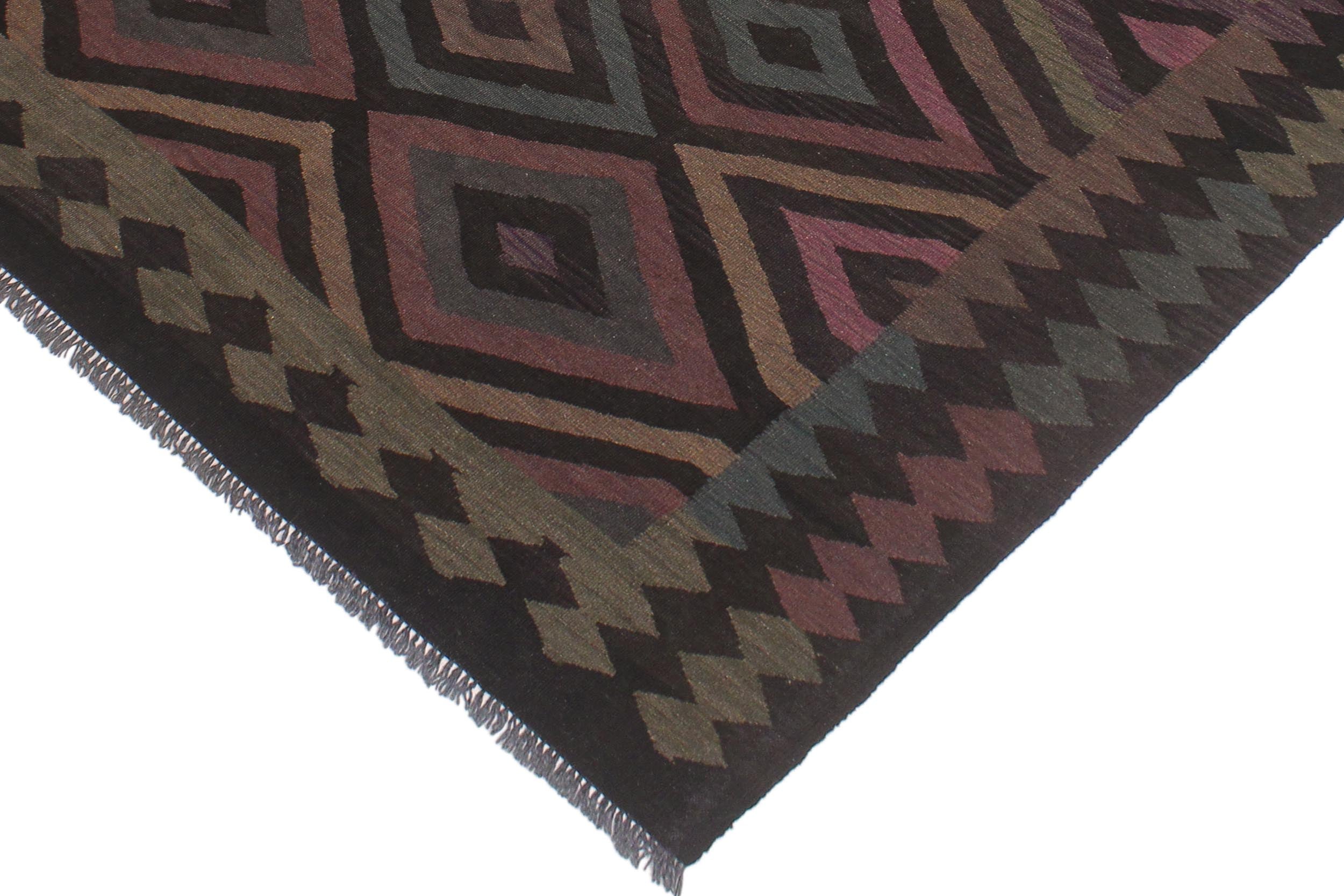 handmade Modern Kilim Black Blue Hand-Woven RECTANGLE 100% WOOL area rug 5 x 8