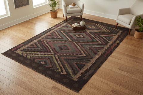 handmade Modern Kilim Black Green Hand-Woven RECTANGLE 100% WOOL area rug 5 x 8