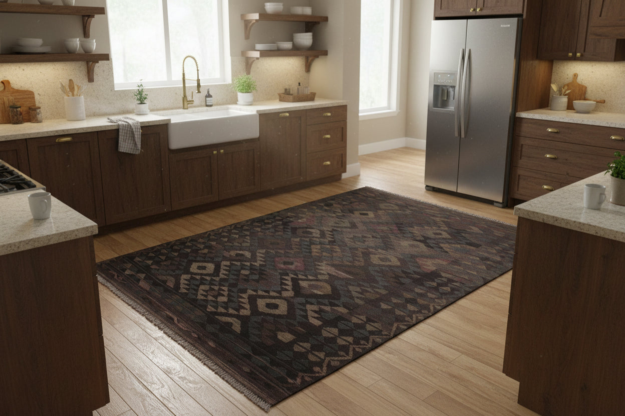 handmade Modern Kilim Black Brown Hand-Woven RECTANGLE 100% WOOL area rug 6 x 8