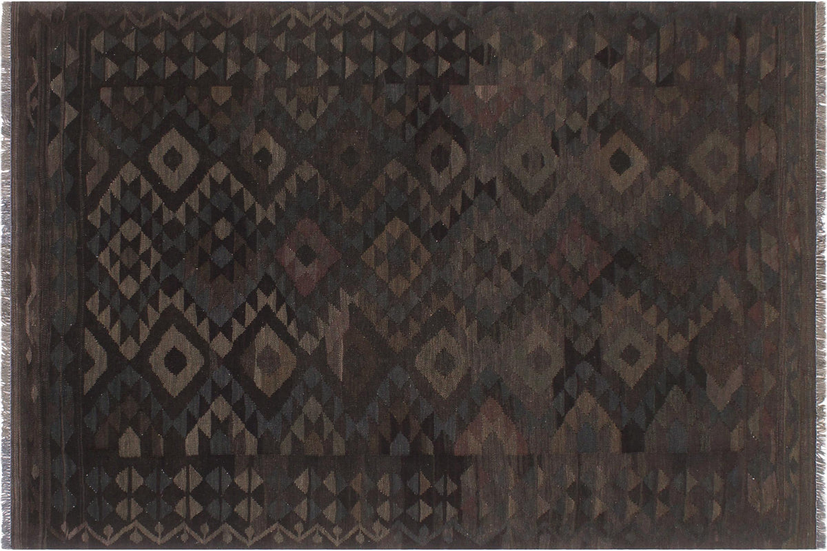 handmade Modern Kilim Black Brown Hand-Woven RECTANGLE 100% WOOL area rug 6 x 8