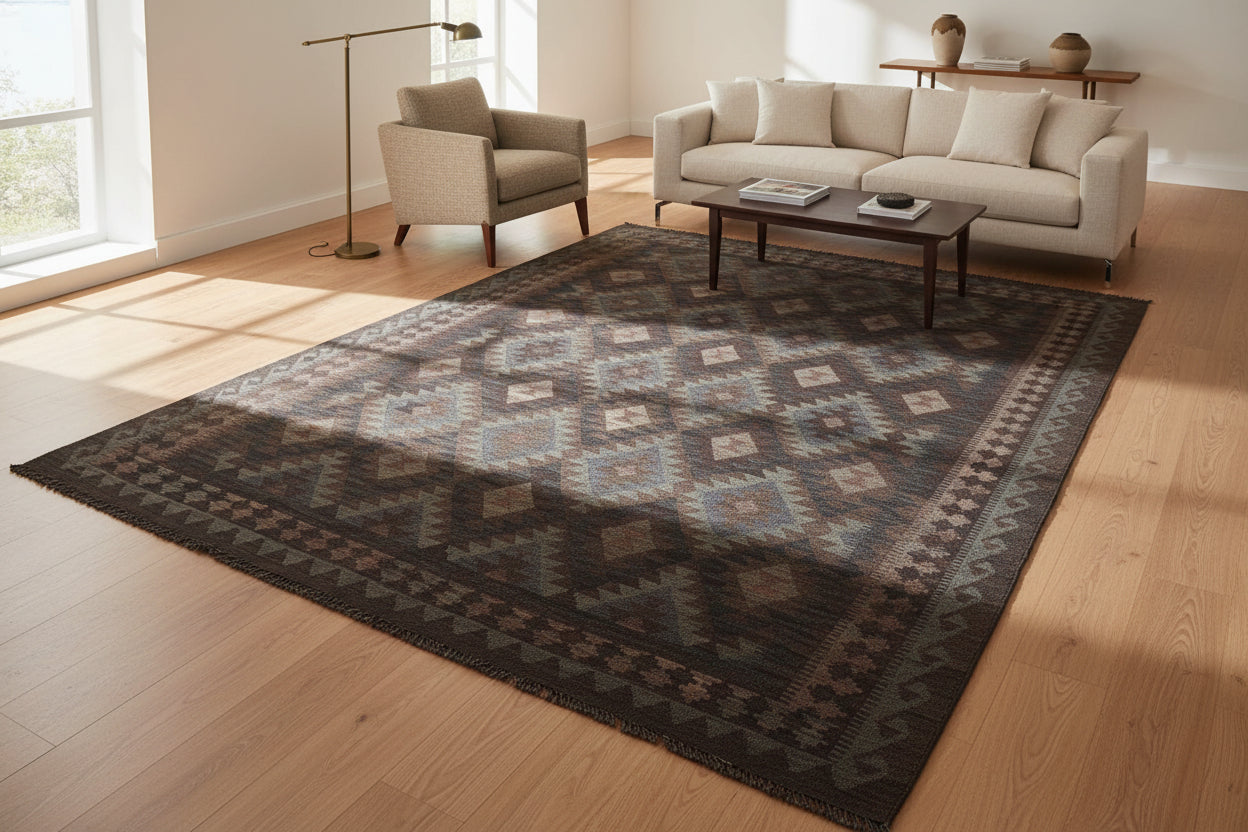 handmade Modern Kilim Blue Brown Hand-Woven RECTANGLE 100% WOOL area rug 6 x 10