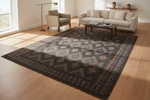 handmade Modern Kilim Blue Brown Hand-Woven RECTANGLE 100% WOOL area rug 6 x 10