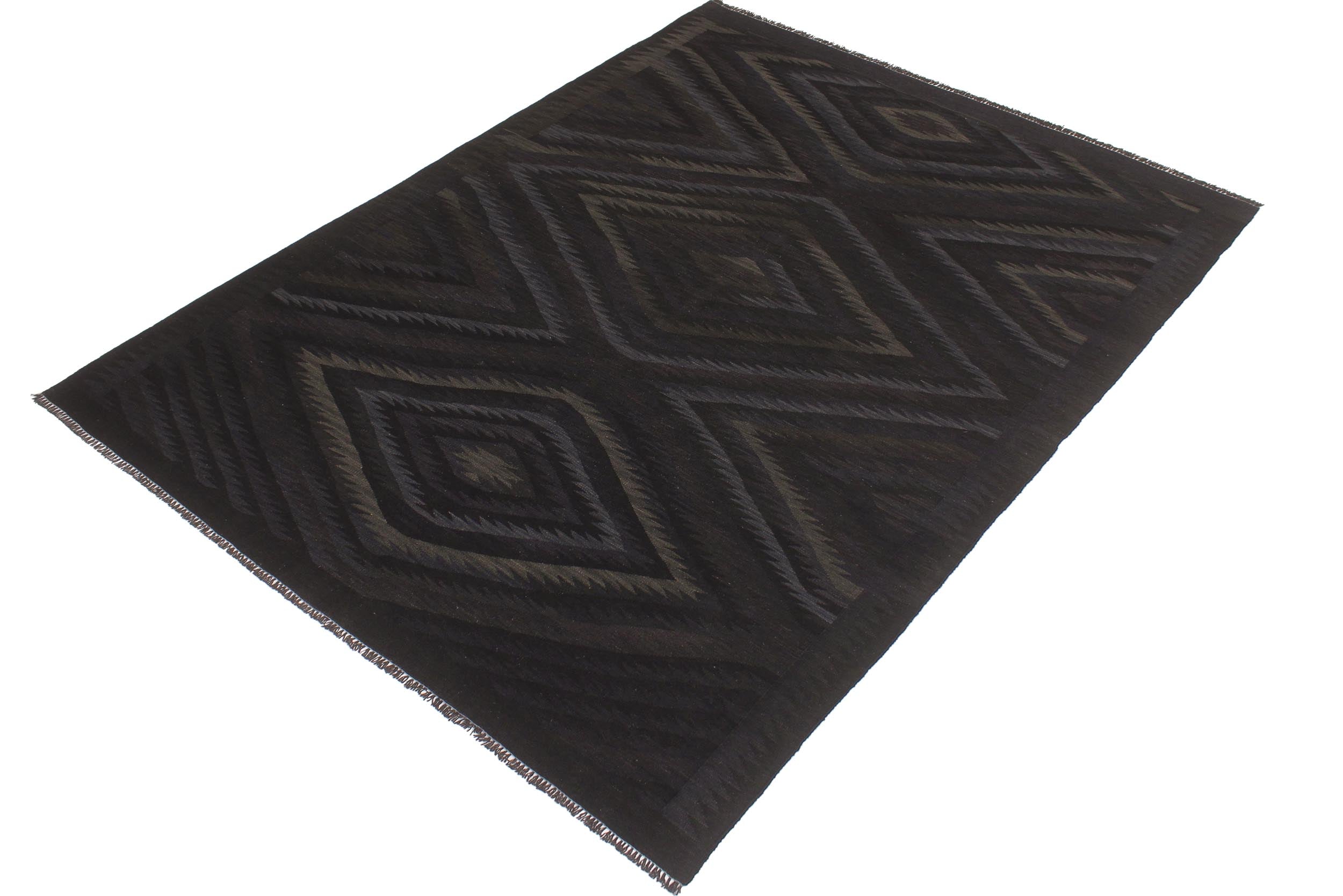 handmade Modern Kilim Black Blue Hand-Woven RECTANGLE 100% WOOL area rug 6 x 8