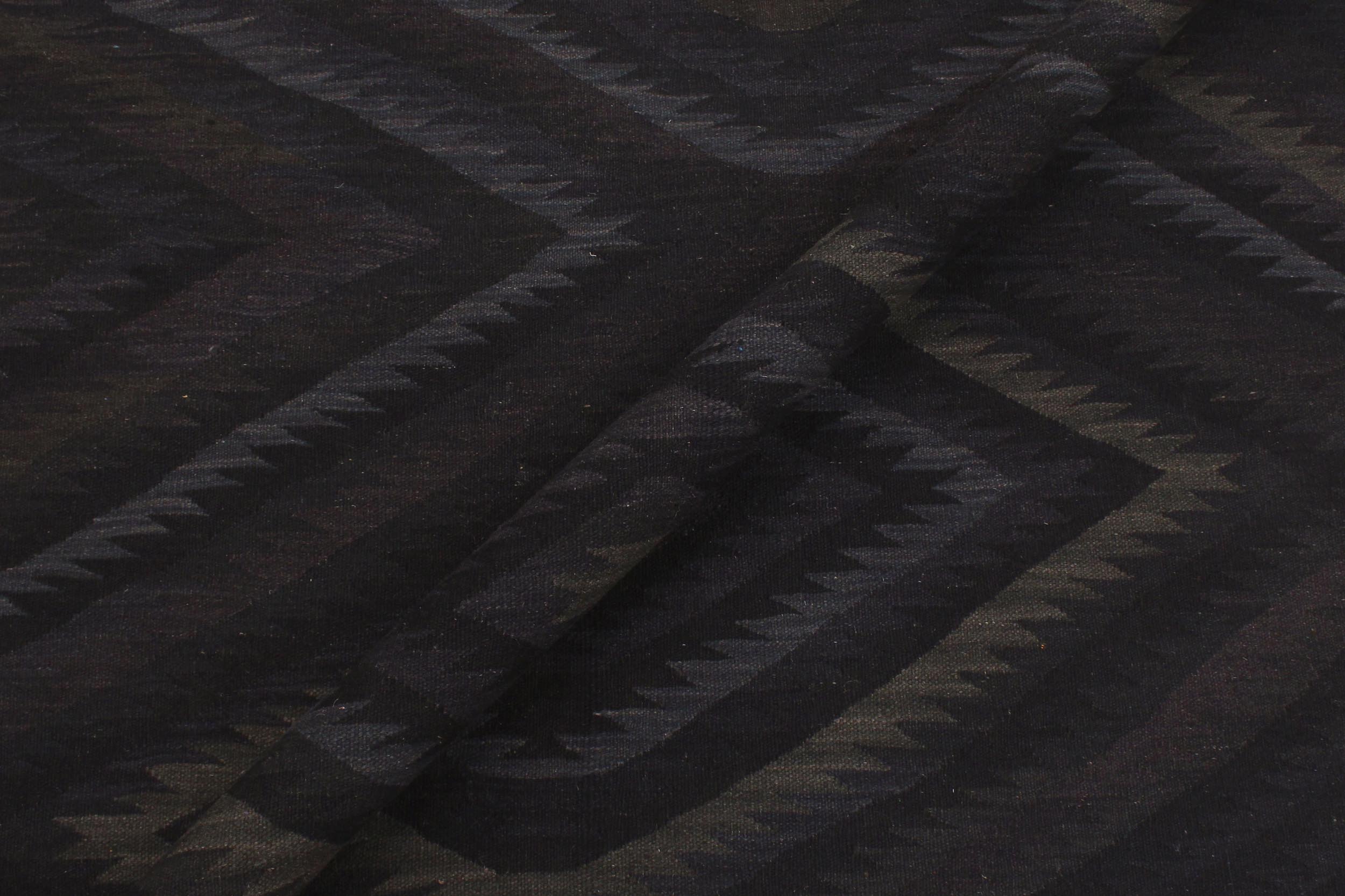 handmade Modern Kilim Black Blue Hand-Woven RECTANGLE 100% WOOL area rug 6 x 8