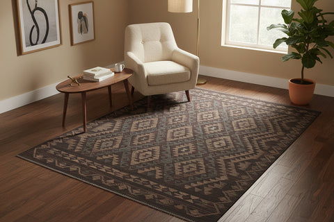 handmade Modern Kilim Black Green Hand-Woven RECTANGLE 100% WOOL area rug 6 x 7