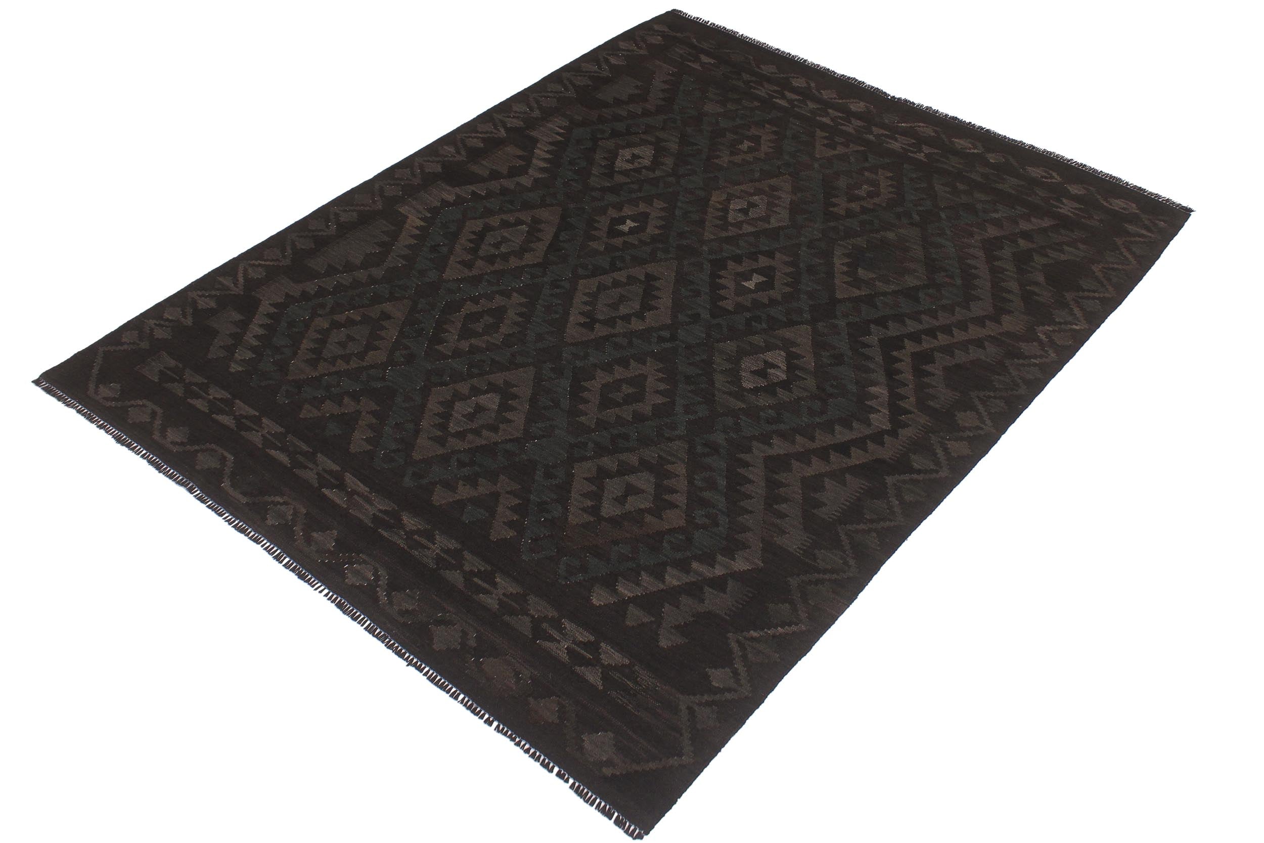 handmade Modern Kilim Black Green Hand-Woven RECTANGLE 100% WOOL area rug 6 x 7