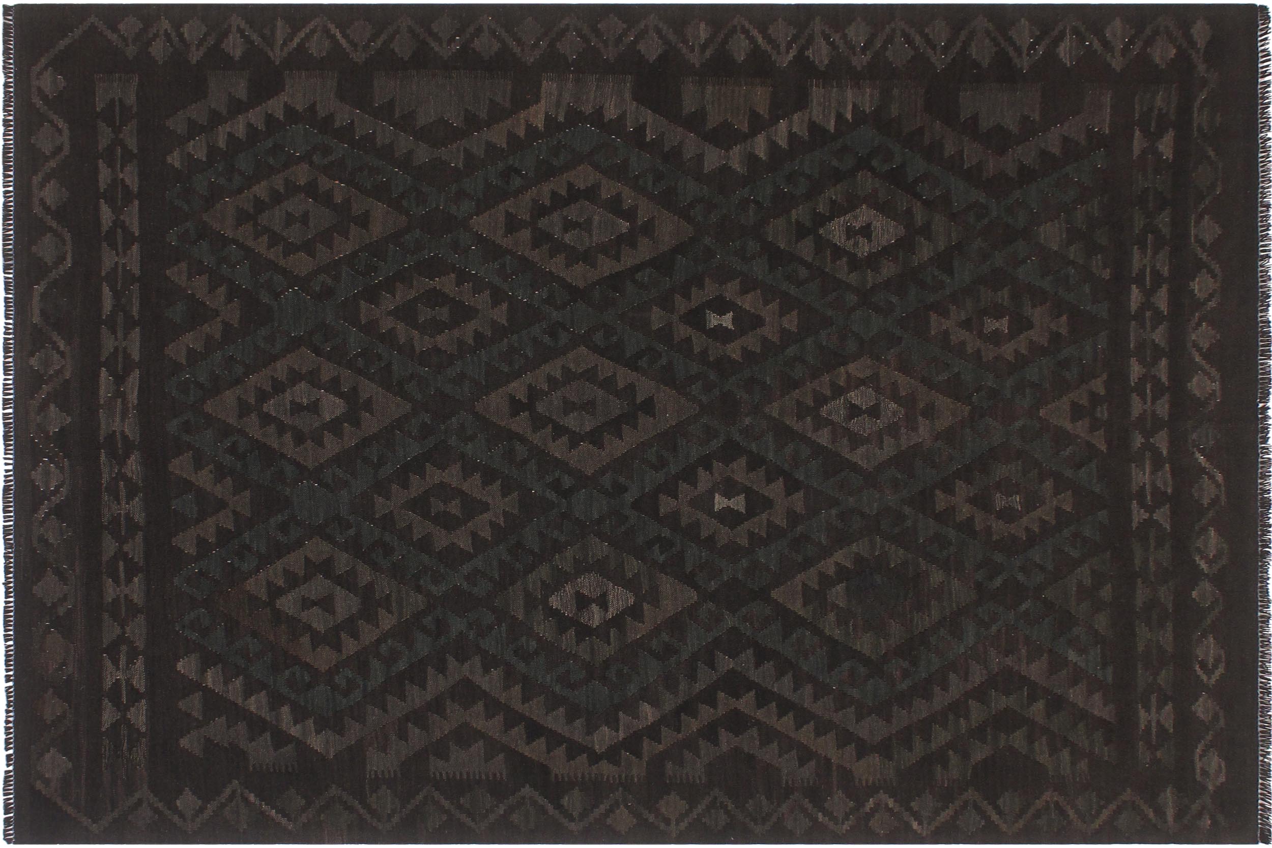 handmade Modern Kilim Black Green Hand-Woven RECTANGLE 100% WOOL area rug 6 x 7