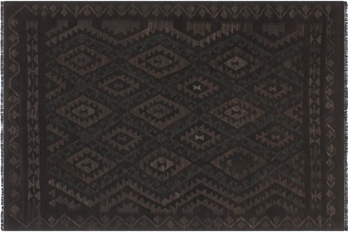 handmade Modern Kilim Black Green Hand-Woven RECTANGLE 100% WOOL area rug 6 x 7