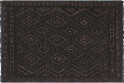 handmade Modern Kilim Black Green Hand-Woven RECTANGLE 100% WOOL area rug 6 x 7