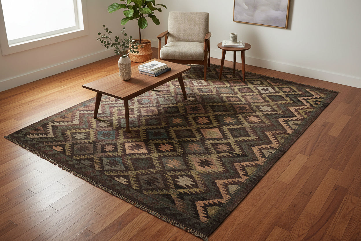 handmade Modern Kilim Black Blue Hand-Woven RECTANGLE 100% WOOL area rug 6 x 10