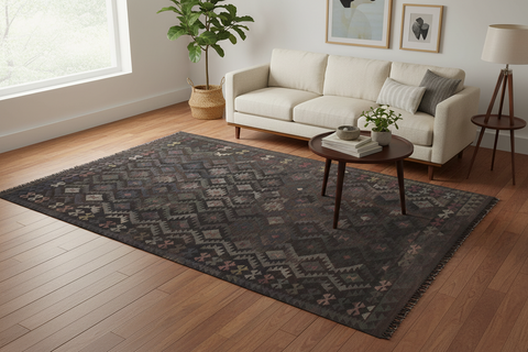 handmade Modern Kilim Black Blue Hand-Woven RECTANGLE 100% WOOL area rug 6 x 10