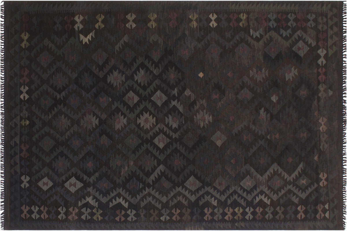 handmade Modern Kilim Black Blue Hand-Woven RECTANGLE 100% WOOL area rug 6 x 10