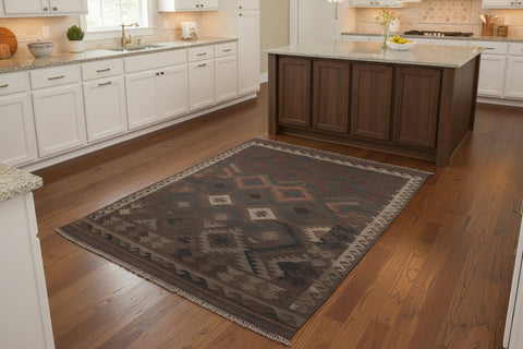 handmade Modern Kilim Brown Blue Hand-Woven RECTANGLE 100% WOOL area rug 6 x 10