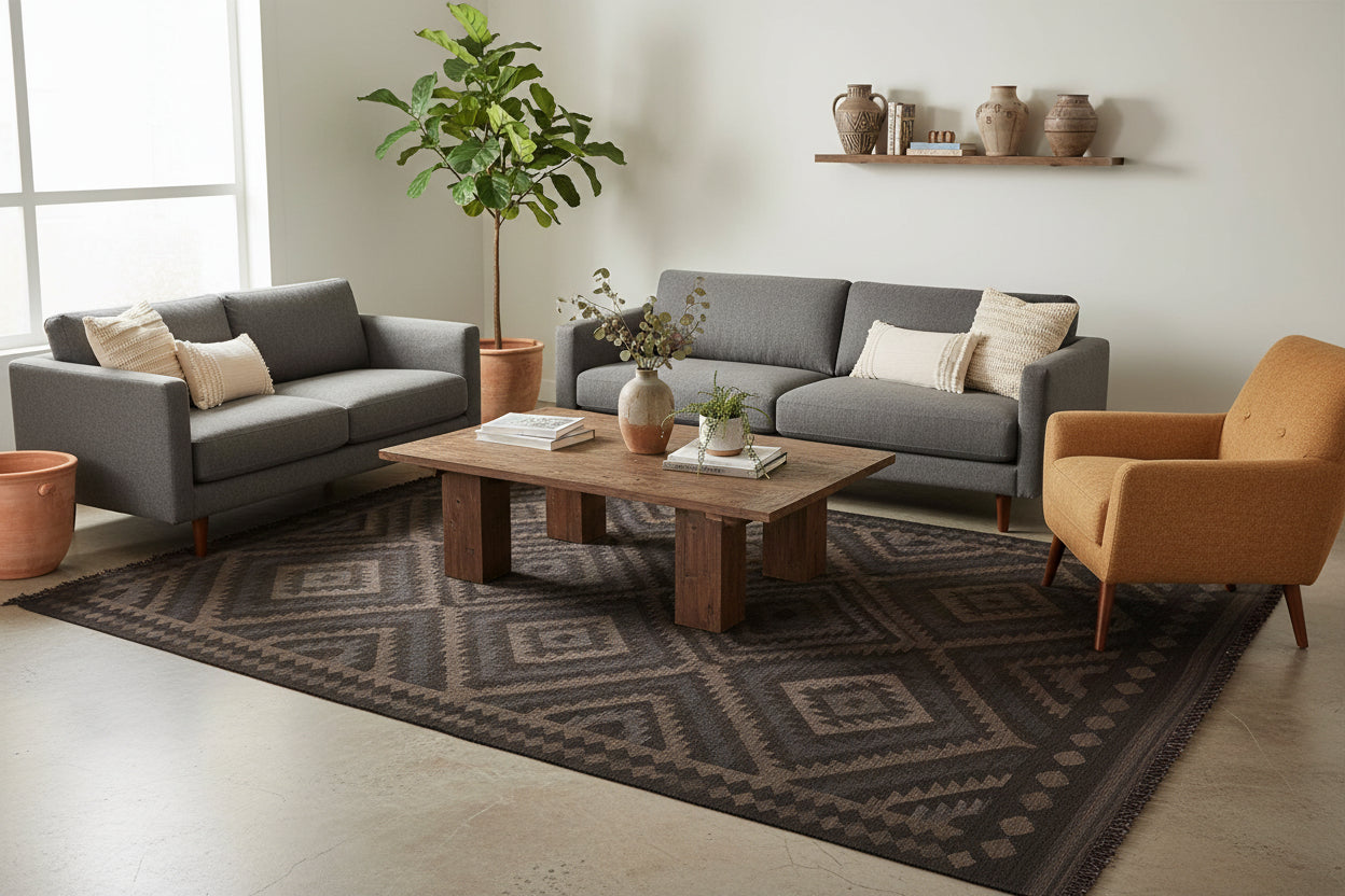 handmade Modern Kilim Black Blue Hand-Woven RECTANGLE 100% WOOL area rug 6 x 8