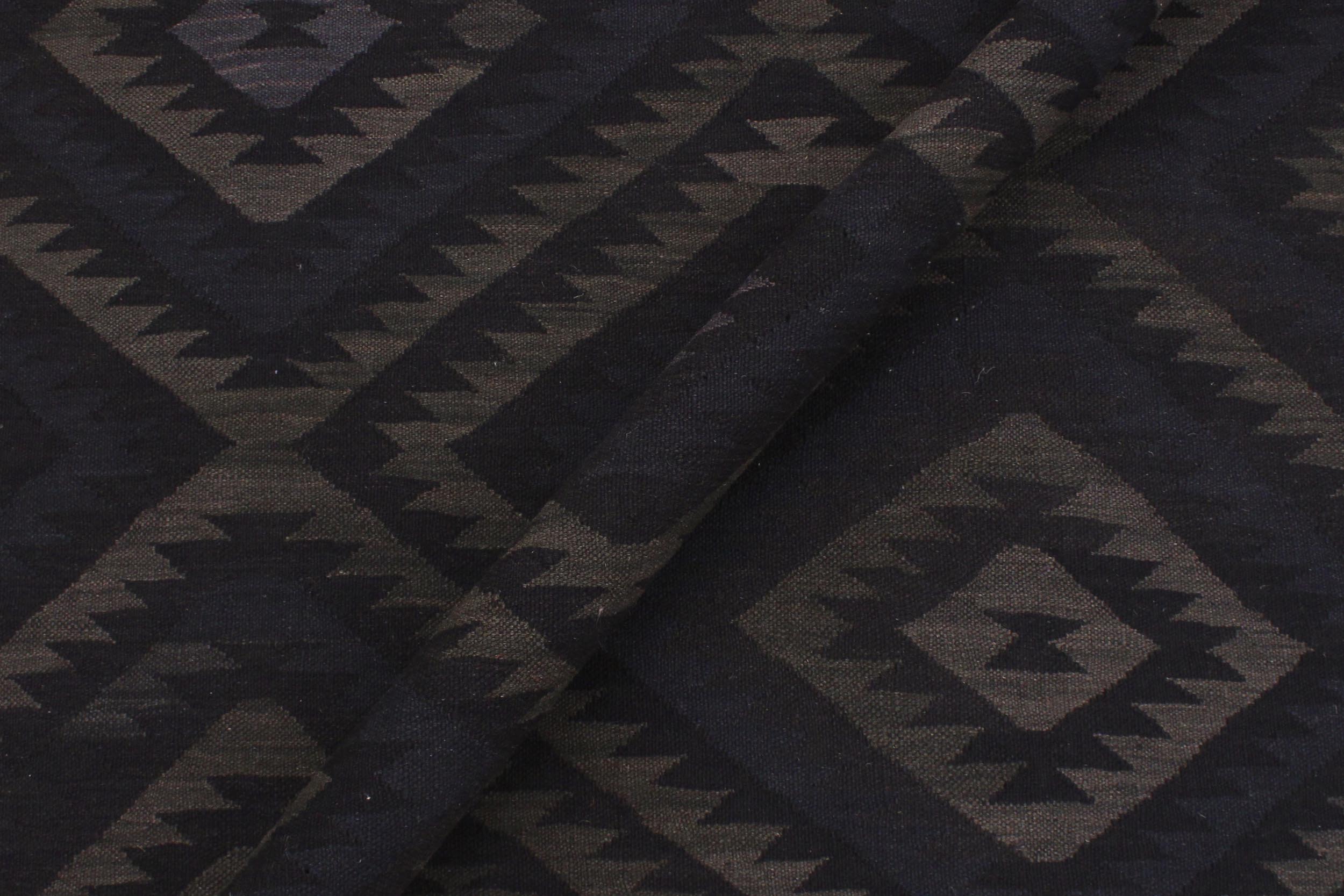 handmade Modern Kilim Black Blue Hand-Woven RECTANGLE 100% WOOL area rug 6 x 8