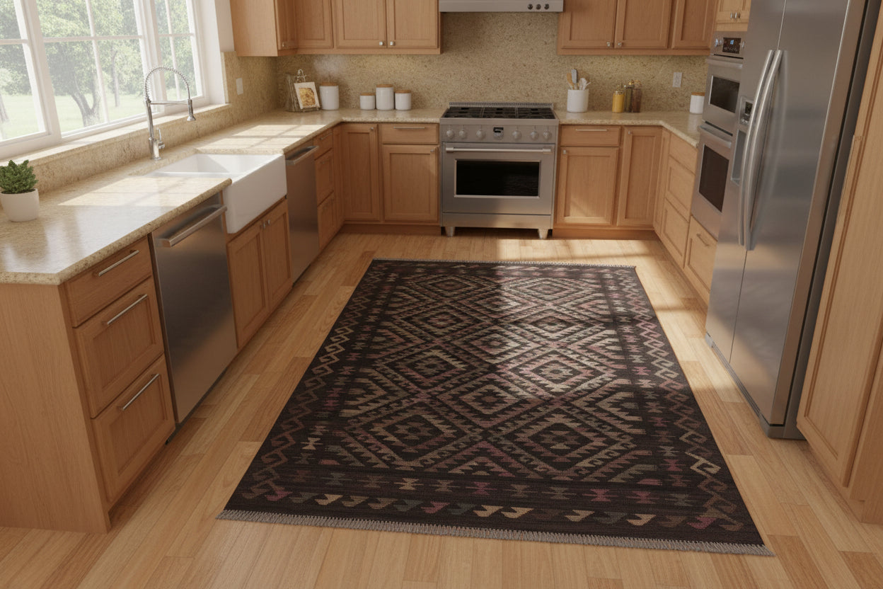 handmade Modern Kilim Black Brown Hand-Woven RECTANGLE 100% WOOL area rug 5 x 8