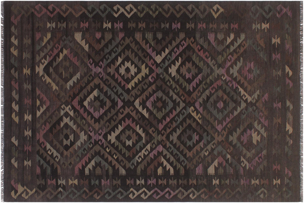 handmade Modern Kilim Black Brown Hand-Woven RECTANGLE 100% WOOL area rug 5 x 8
