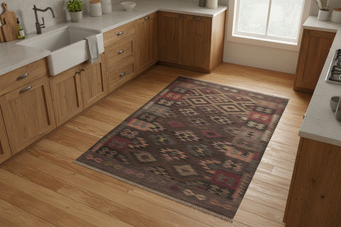 handmade Modern Kilim Charcoal Brown Hand-Woven RECTANGLE 100% WOOL area rug 6 x 8