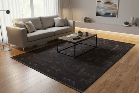 handmade Modern Kilim Black Blue Hand-Woven RECTANGLE 100% WOOL area rug 6 x 8