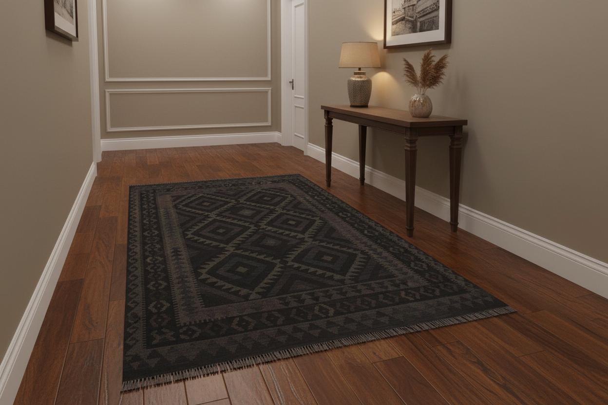 handmade Modern Kilim Black Blue Hand-Woven RECTANGLE 100% WOOL area rug 5x6