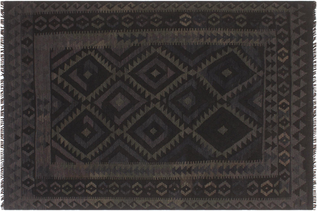 handmade Modern Kilim Black Blue Hand-Woven RECTANGLE 100% WOOL area rug 5x6