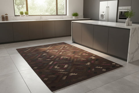 handmade Modern Kilim Brown Blue Hand-Woven RECTANGLE 100% WOOL area rug 6 x 8