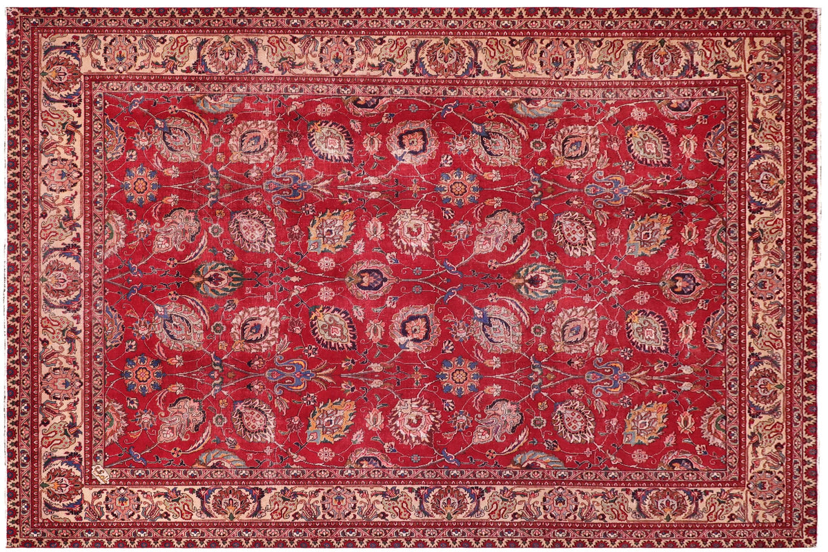 handmade Vintage Antique Red Beige Hand Knotted RECTANGLE 100% WOOL area rug 10' x 13'