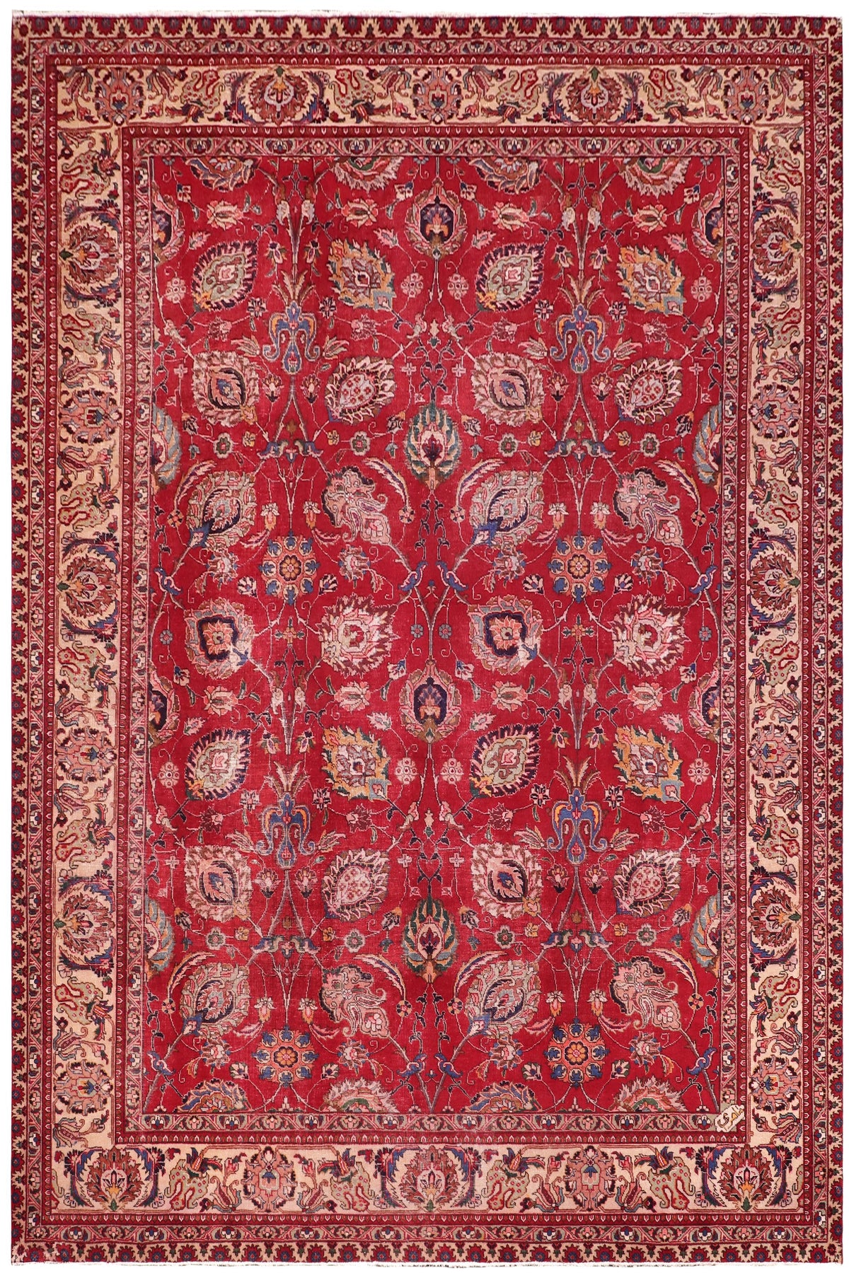 Distressed Antique Cyrstal Red/Beige Wool Rug - 10'1''X12'6''