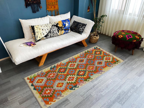 handmade Geometric Kilim Rust Beige Hand-Woven RUNNER 100% WOOL area rug 3 x 6