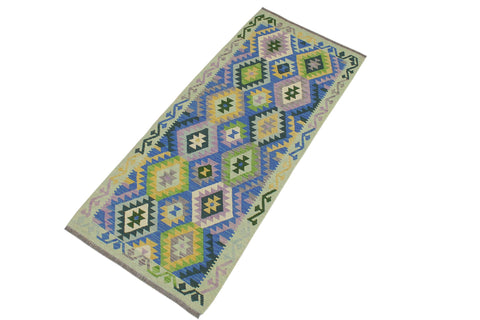 handmade Geometric Kilim Blue Gold Hand-Woven RUNNER 100% WOOL area rug 3 x 6