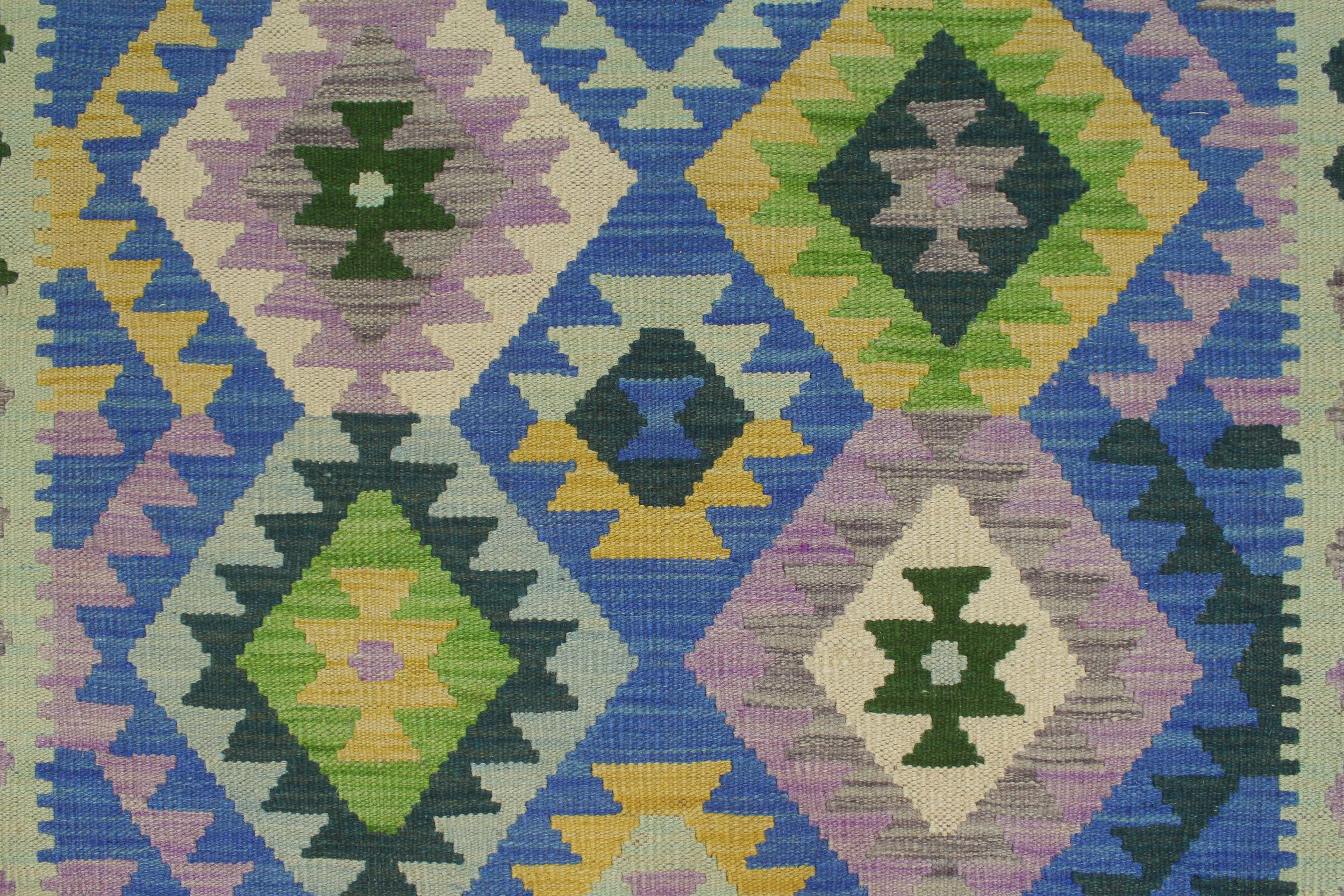 handmade Geometric Kilim Blue Gold Hand-Woven RUNNER 100% WOOL area rug 3 x 6