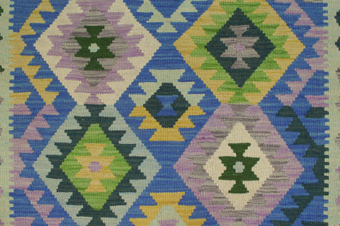 handmade Geometric Kilim Blue Gold Hand-Woven RUNNER 100% WOOL area rug 3 x 6