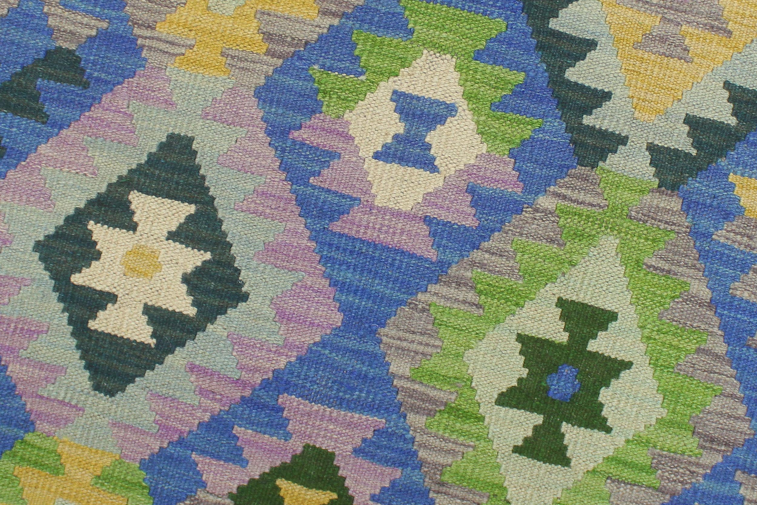 handmade Geometric Kilim Blue Gold Hand-Woven RUNNER 100% WOOL area rug 3 x 6