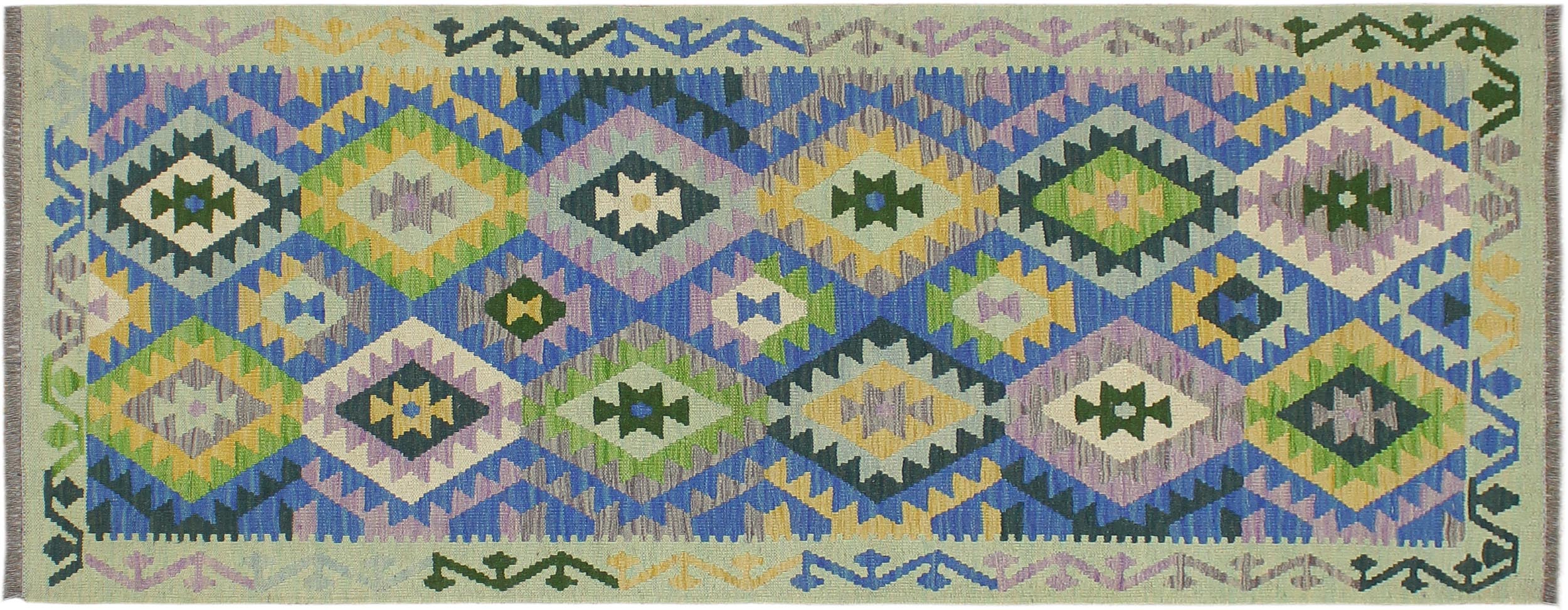 handmade Geometric Kilim Blue Gold Hand-Woven RUNNER 100% WOOL area rug 3 x 6