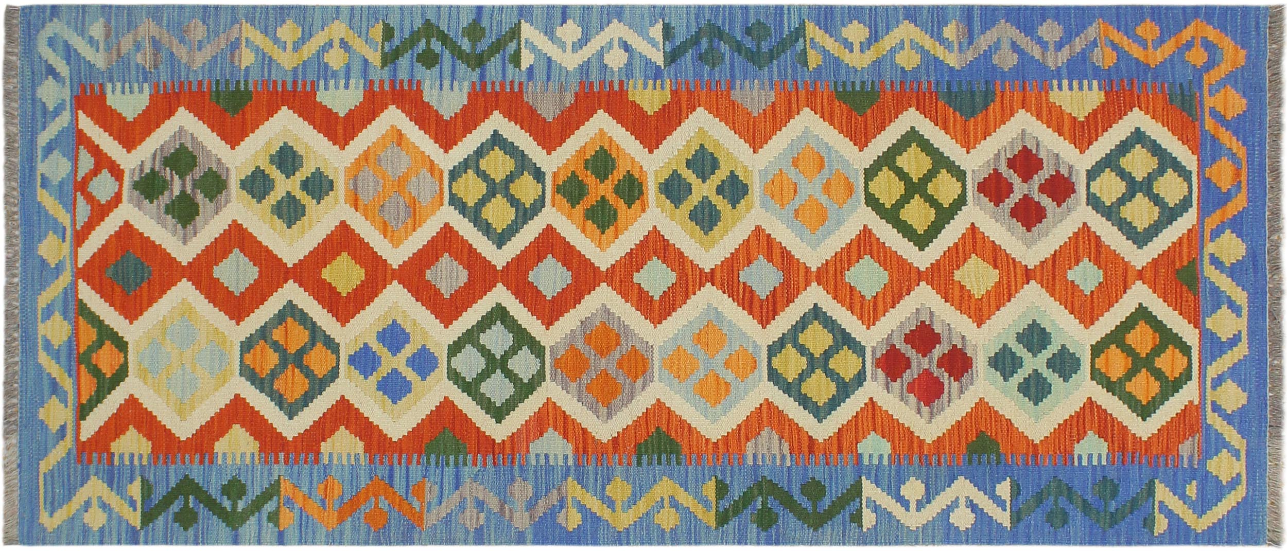 handmade Geometric Kilim Rust Blue Hand-Woven RUNNER 100% WOOL area rug 3 x 6