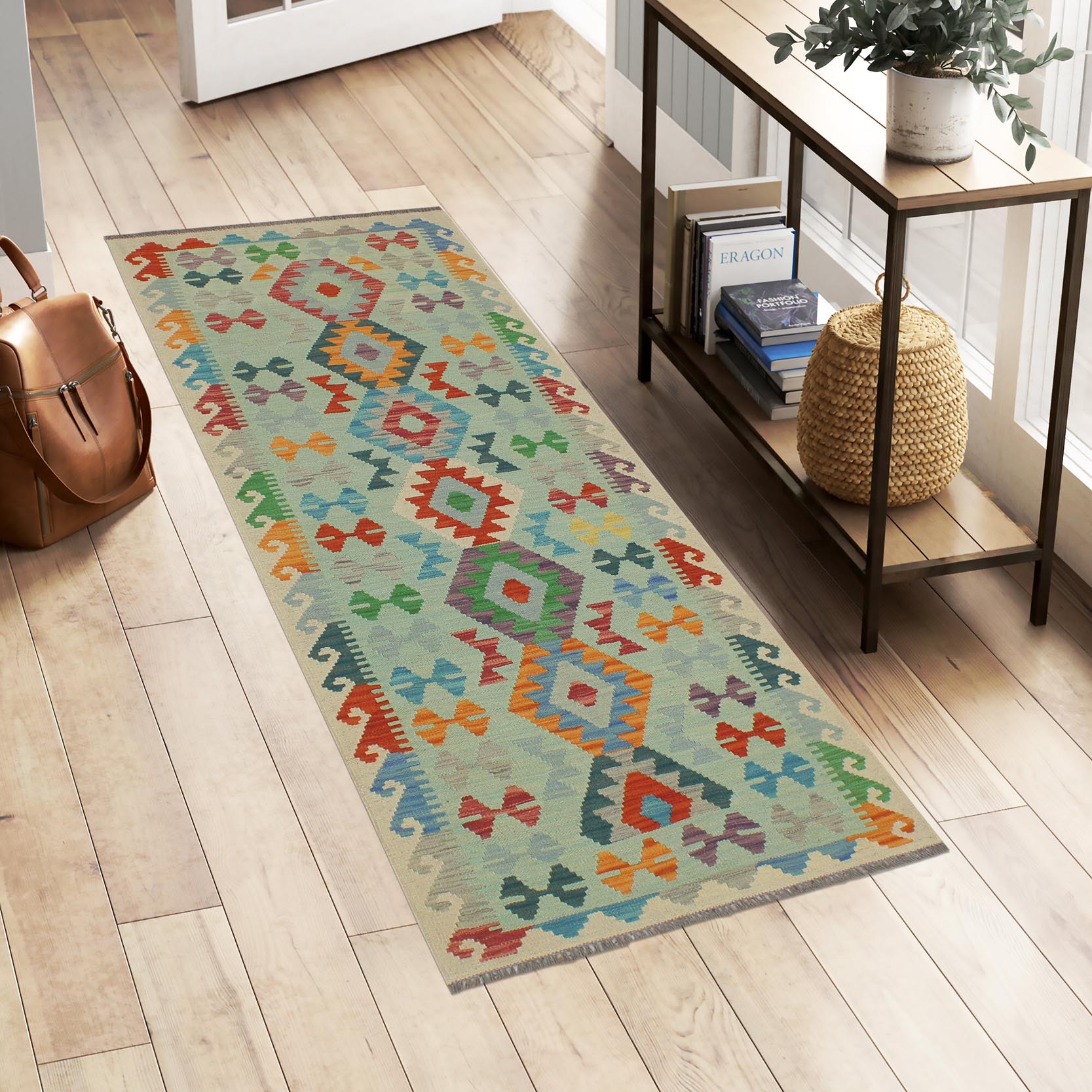 handmade Geometric Kilim Blue Beige Hand-Woven RUNNER 100% WOOL area rug 3' x 7'