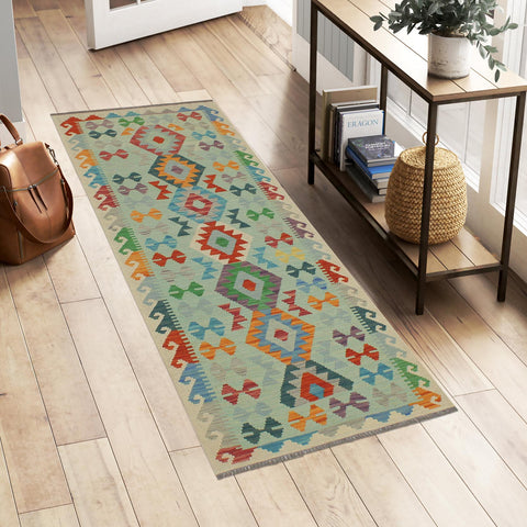 handmade Geometric Kilim Blue Beige Hand-Woven RUNNER 100% WOOL area rug 3' x 7'