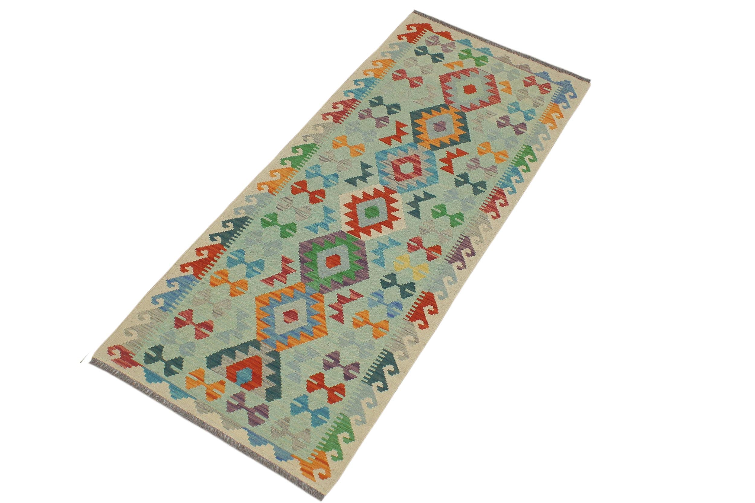 handmade Geometric Kilim Blue Beige Hand-Woven RUNNER 100% WOOL area rug 3' x 7'