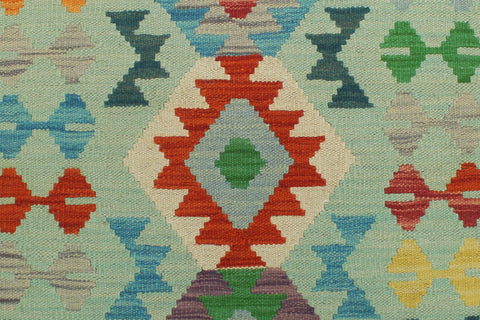 handmade Geometric Kilim Blue Beige Hand-Woven RUNNER 100% WOOL area rug 3' x 7'