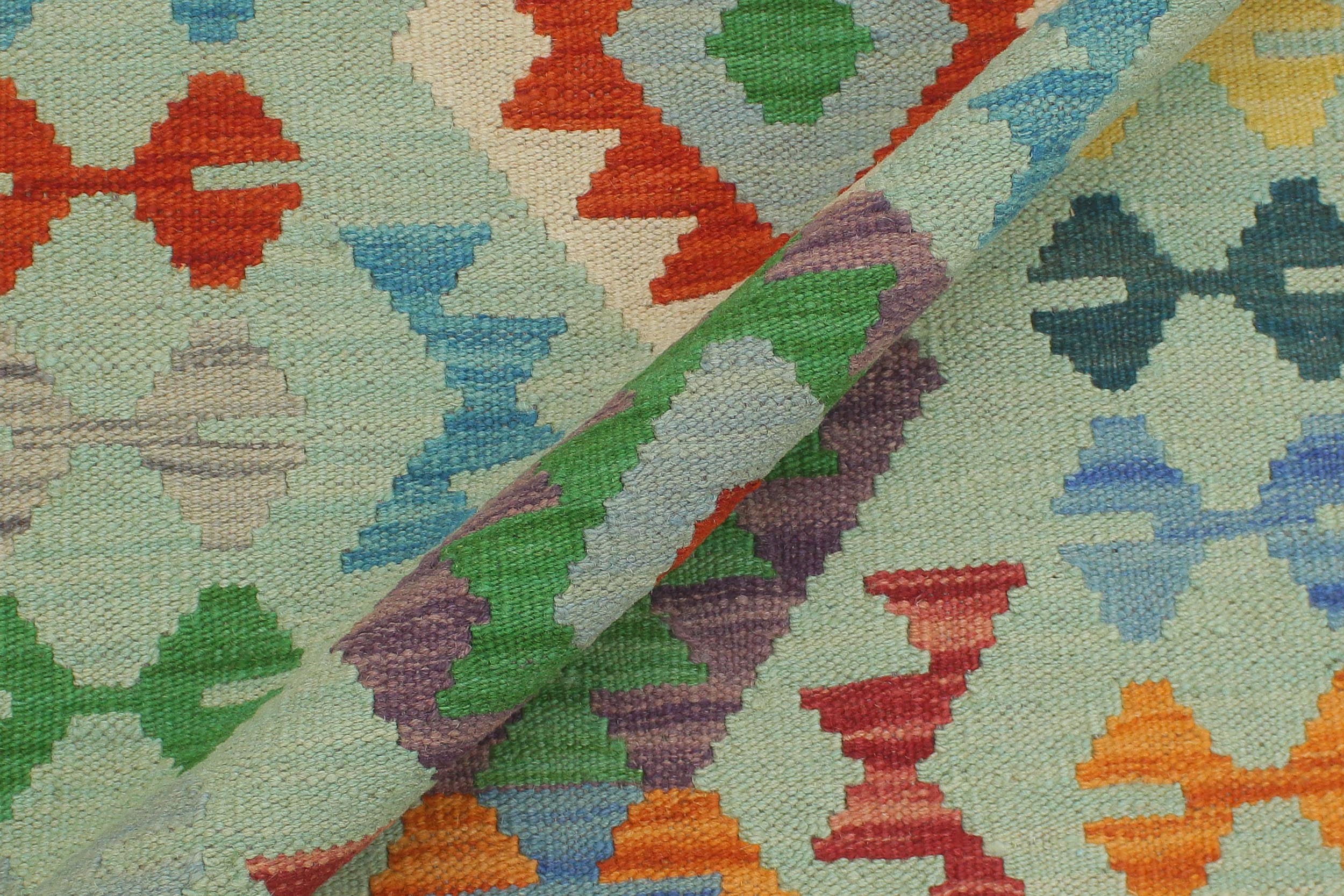 handmade Geometric Kilim Blue Beige Hand-Woven RUNNER 100% WOOL area rug 3' x 7'