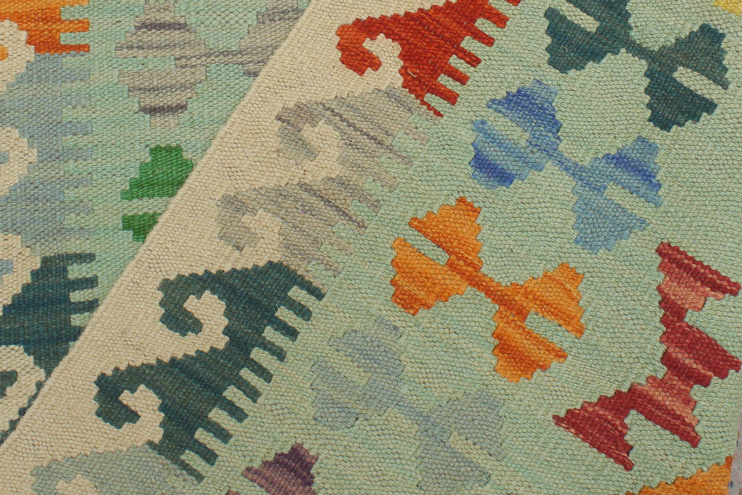 handmade Geometric Kilim Blue Beige Hand-Woven RUNNER 100% WOOL area rug 3' x 7'