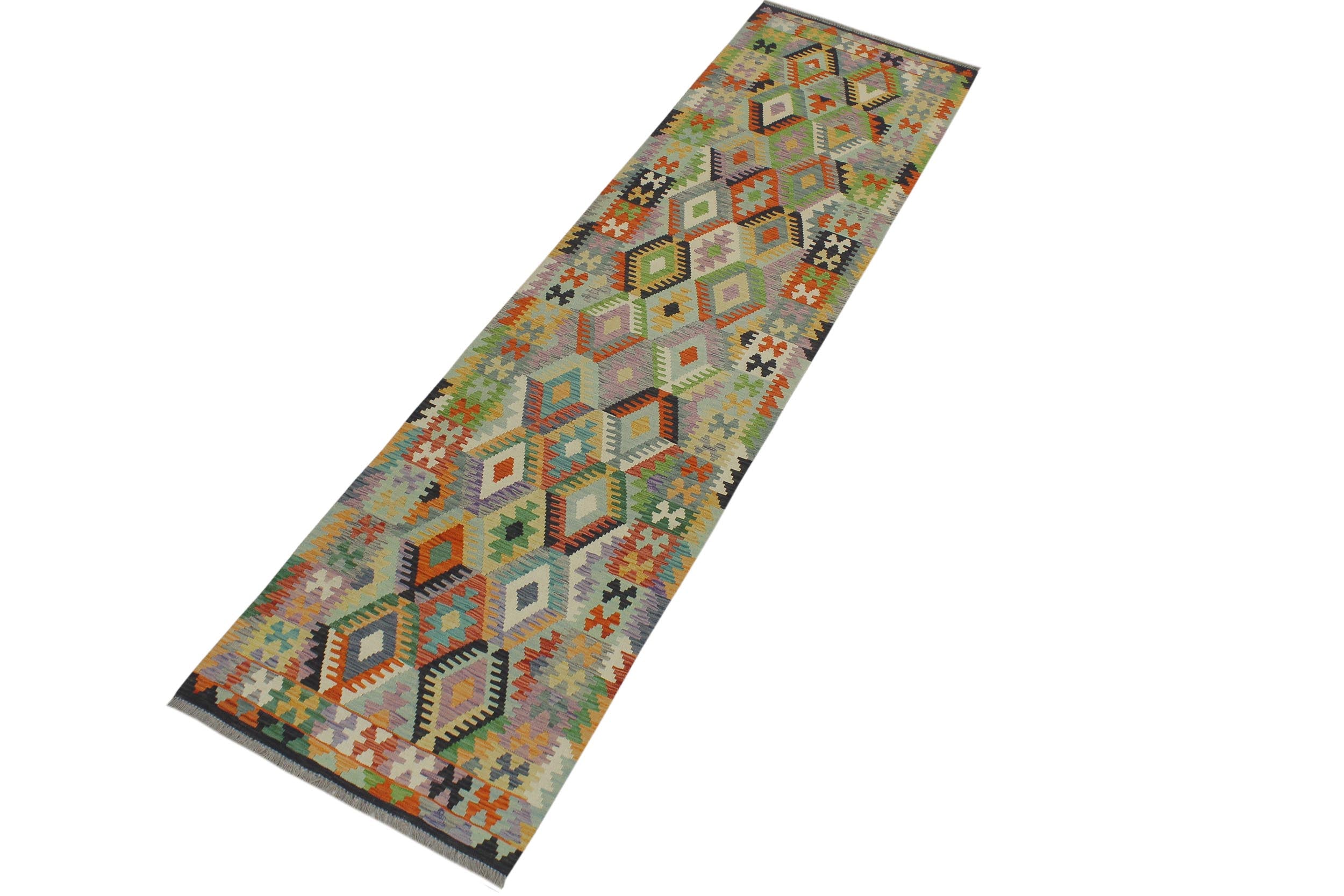 handmade Geometric Kilim Blue Gold Hand-Woven RUNNER 100% WOOL area rug 3 x 10