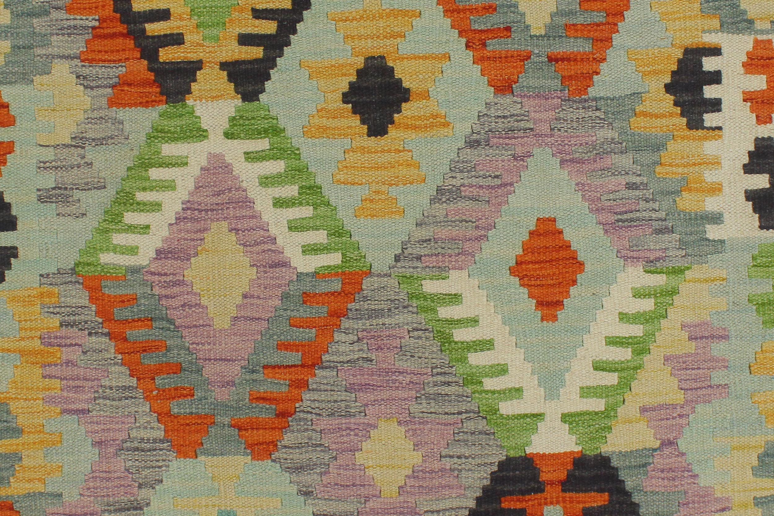 handmade Geometric Kilim Blue Gold Hand-Woven RUNNER 100% WOOL area rug 3 x 10