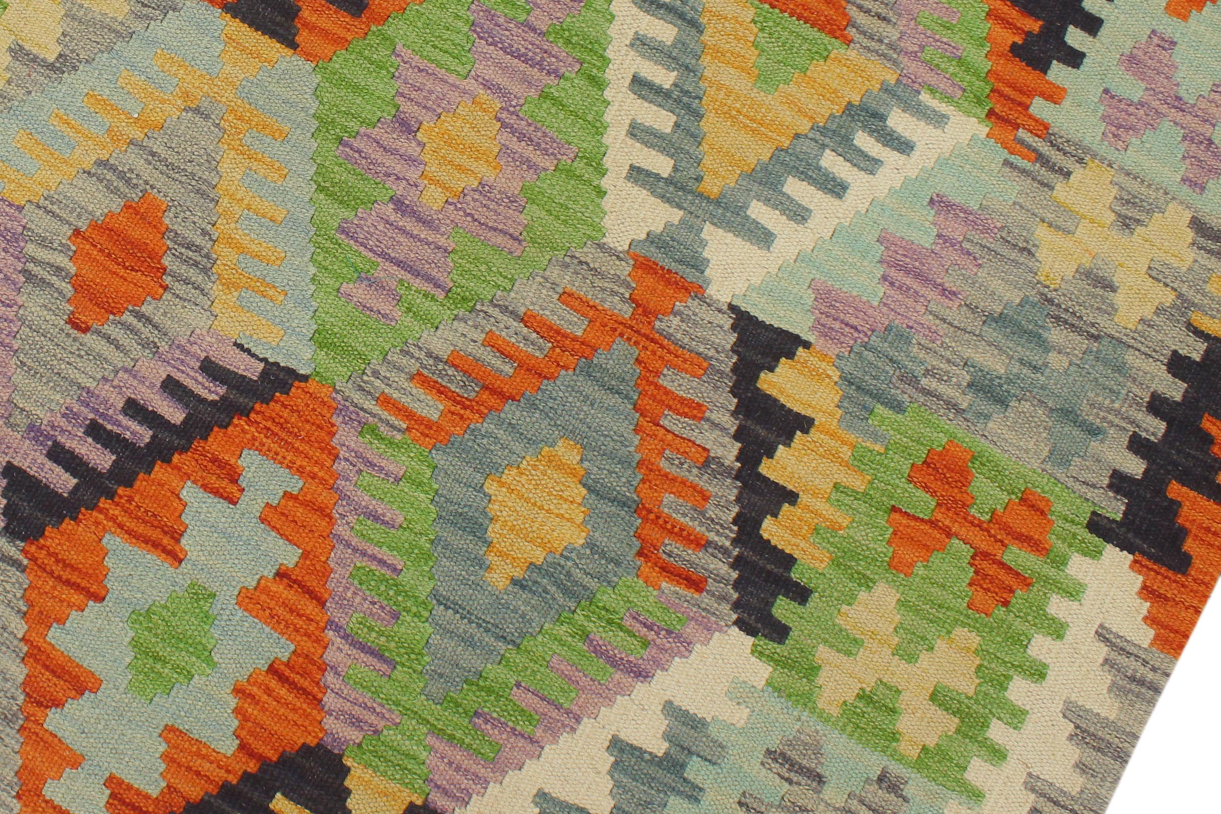 handmade Geometric Kilim Blue Gold Hand-Woven RUNNER 100% WOOL area rug 3 x 10