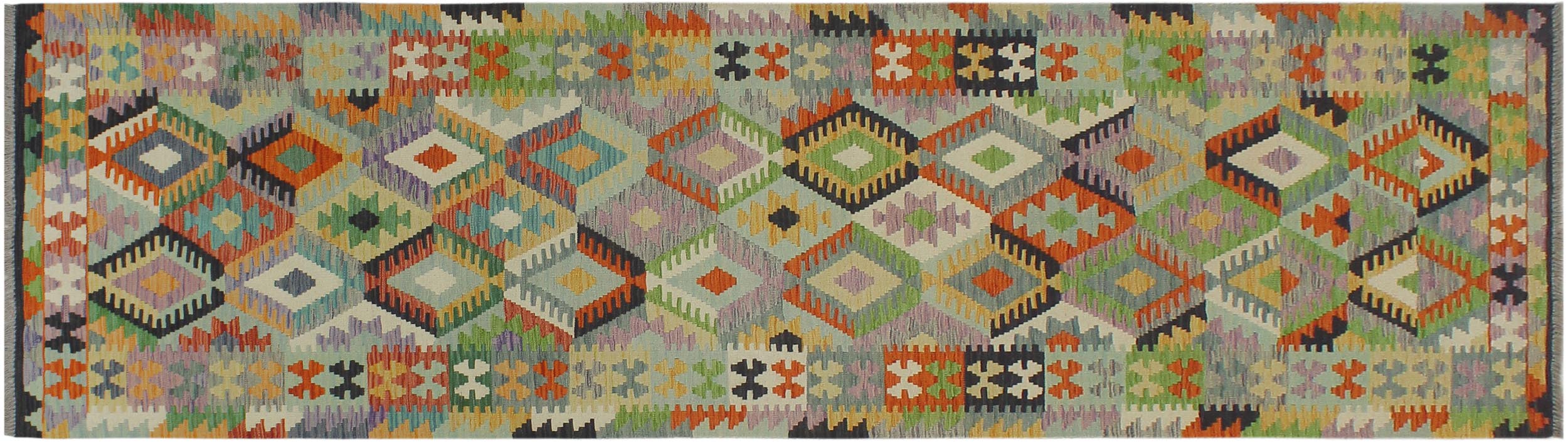 handmade Geometric Kilim Blue Gold Hand-Woven RUNNER 100% WOOL area rug 3 x 10