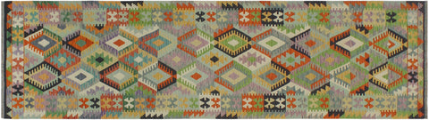 handmade Geometric Kilim Blue Gold Hand-Woven RUNNER 100% WOOL area rug 3 x 10